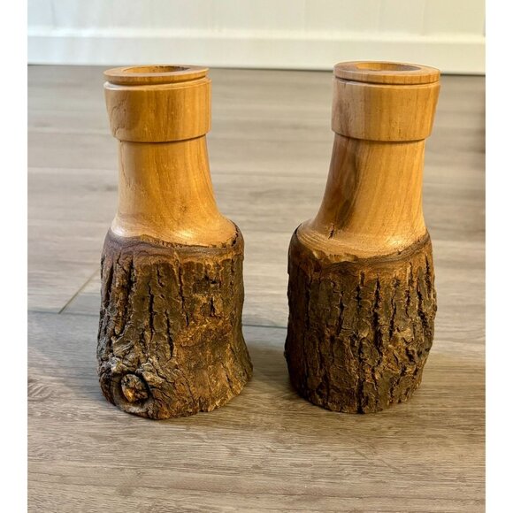 Vintage Wooden Candle Holders Signed Hand Carved Rustic Walnut - Picture 2 of 10